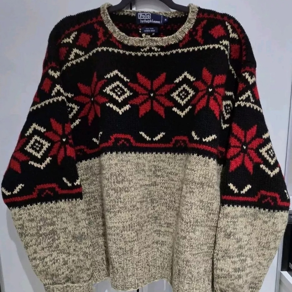 Polo by Ralph Lauren Black Red Cream Fair Isle Crewneck Sweater